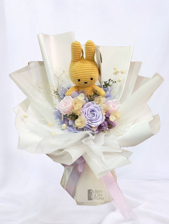 Miffy Bouquet - Yellow miffy corduroy plush arranged with pastel preserved rose bouquet